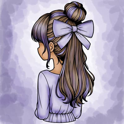 realistic girl  with hip length hair a bun and a big bow on the back of head