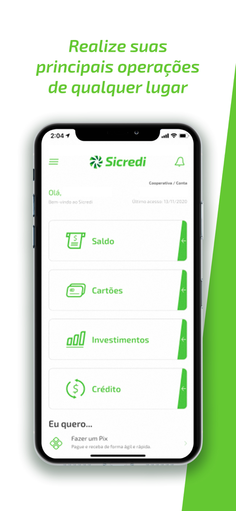 Sicredi para smartphone - Écran de smartphone montrant le tableau de bord de l'application bancaire Sicredi avec le solde, les cartes et les options d'investissement.