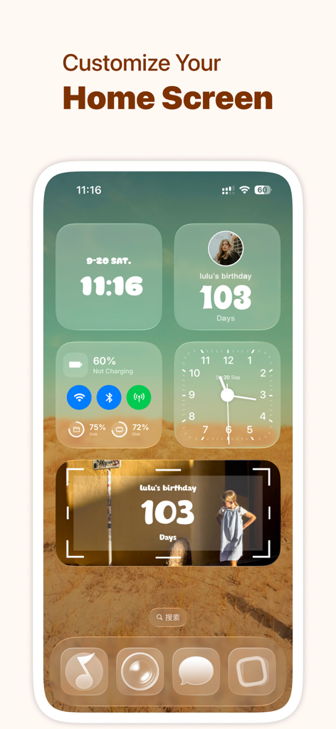 Widget Park-Transparent Widget - A customized iPhone home screen with transparent widgets for clock, countdown, and system information over a scenic background.
