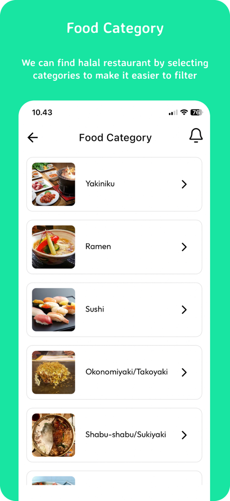 Halal Navi - Halal Navi app interface showing various Japanese food categories like Yakiniku Ramen and Sushi for easy filtering