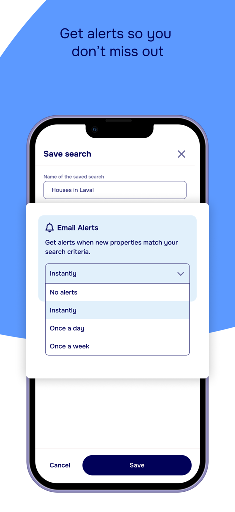 Interface of the Centris app showing how to set up instant email alerts for a saved property search.