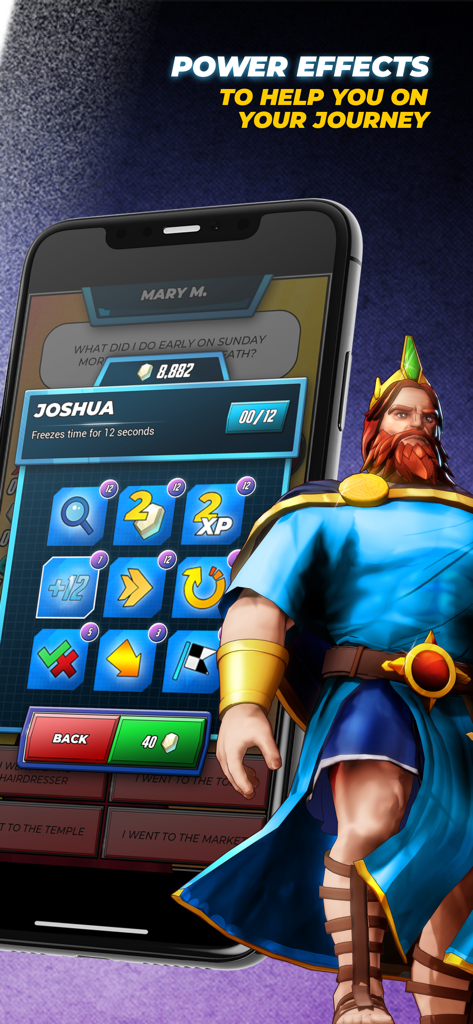 Screenshot of Bible Trivia Heroes showing the power effects screen and a biblical character illustration