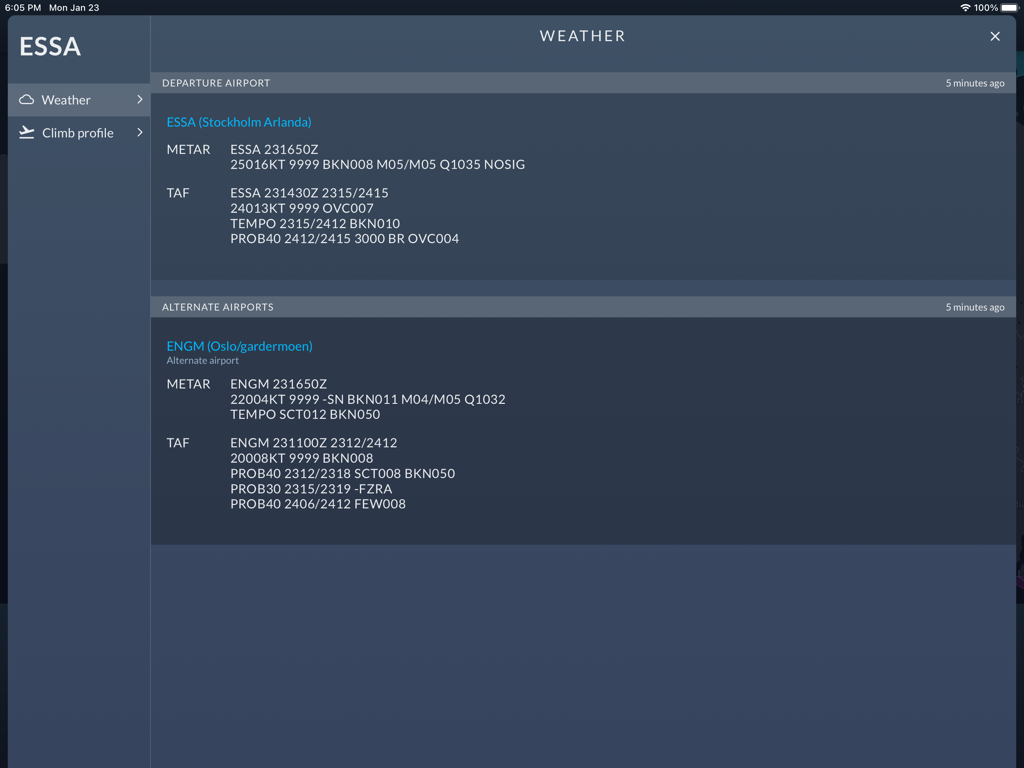 Aviation weather briefing screen displaying METAR and TAF data for departure and alternate airports.