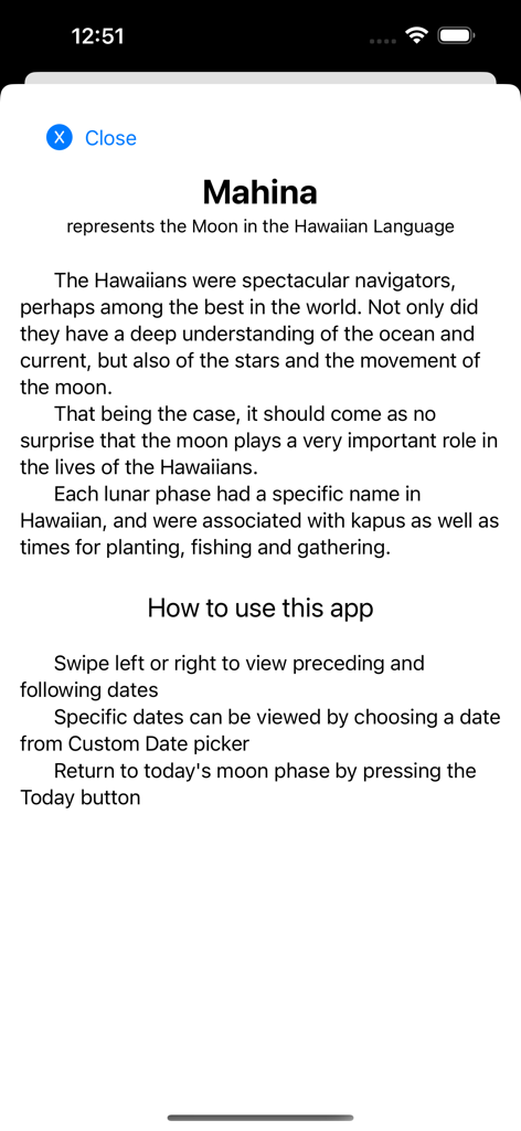 Information screen about the Mahina app and how to use the Hawaiian moon calendar