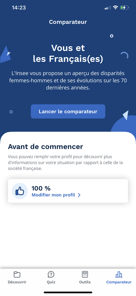 Insee Mobile - Pantalla comparadora de la aplicación Insee Mobile que muestra disparidades de género y finalización de perfiles.