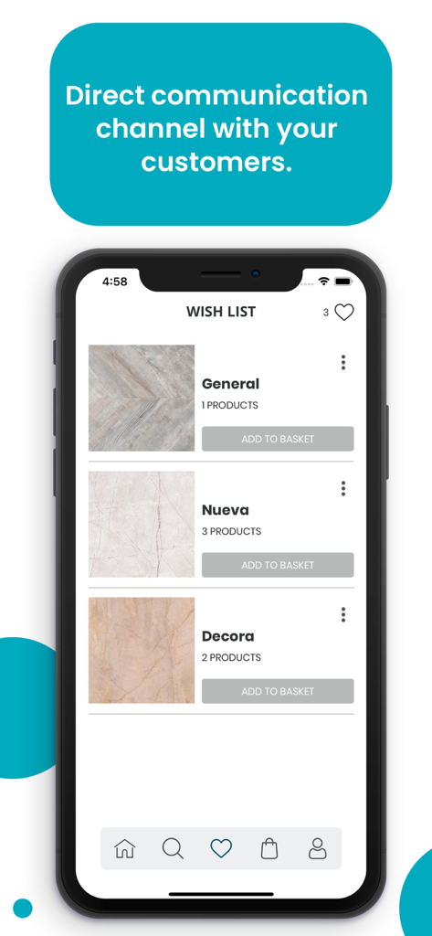 iPhone screen displaying a wishlist of B2B products with options to add to basket and a communication banner.