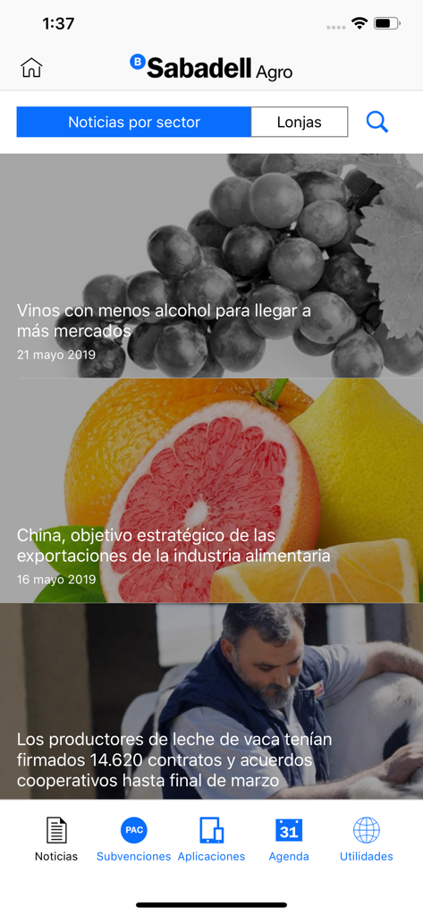 BS Agro - Interface de l'application BS Agro présentant les actualités agricoles et la navigation pour les subventions et les outils sectoriels.