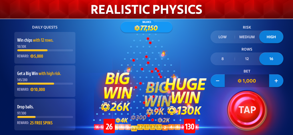 Plink by Pokerist - Gameplay screenshot of Plink by Pokerist showing a big win on a high risk plinko board with realistic physics