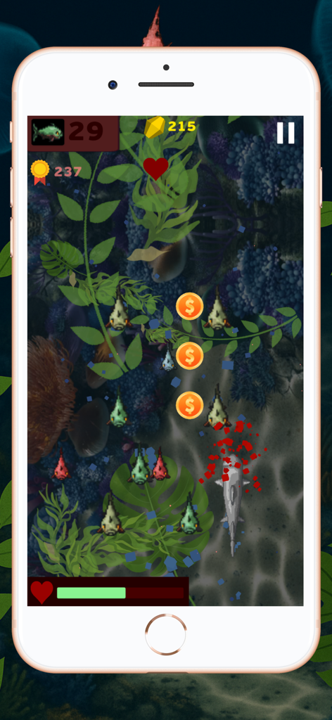 Gameplay screenshot of Shark World showing a shark swimming through an underwater environment with coins and fish