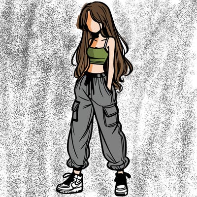 girl in baggy pants crop top and long hair