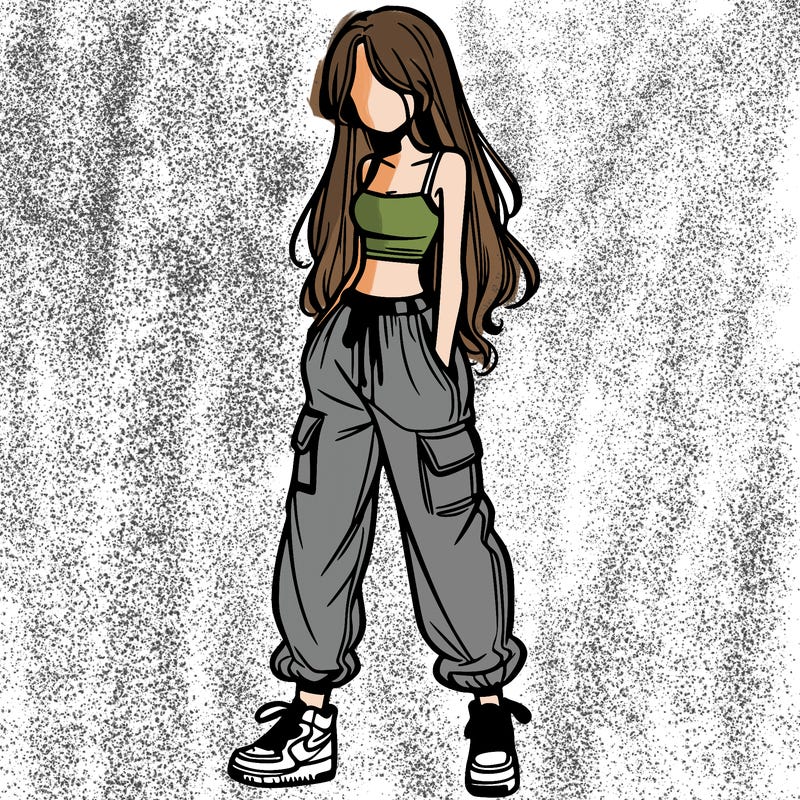 girl in baggy pants crop top and long hair