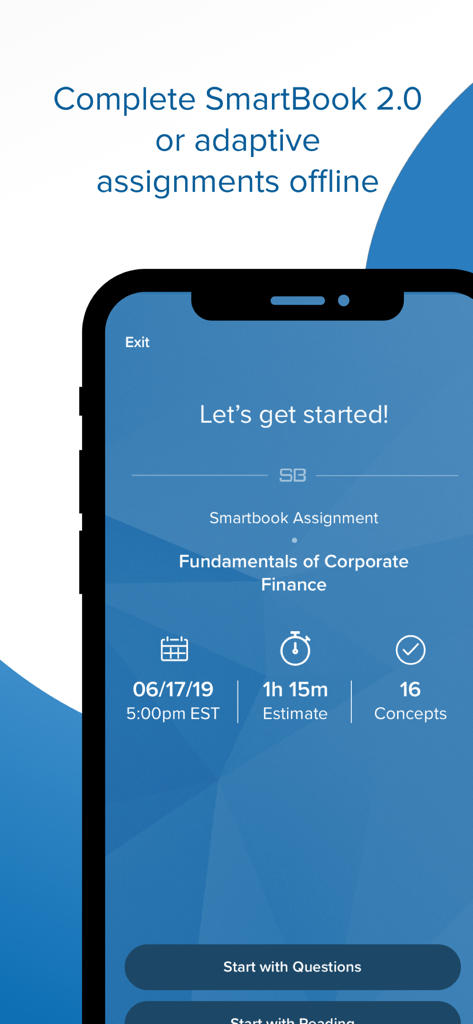 Smartphone-Bildschirm mit einer McGraw-Hill ReadAnywhere Offline-SmartBook-Aufgabe für Corporate Finance