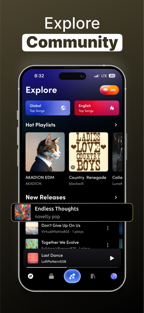 AI Song Generator - Zona - The explore community screen of the Zona app displaying popular AI generated songs and curated playlists