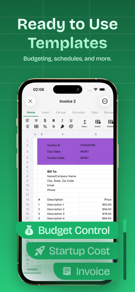 XLSX Editor: Edit Spreadsheets - XLSX Editor app interface showing an invoice template with spreadsheet editing tools on a smartphone