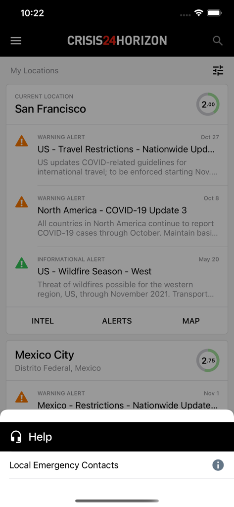 Crisis24 Horizon Mobile - Crisis24 Horizon mobile app interface displaying security alerts and risk ratings for San Francisco and Mexico City with a help menu for local emergency contacts