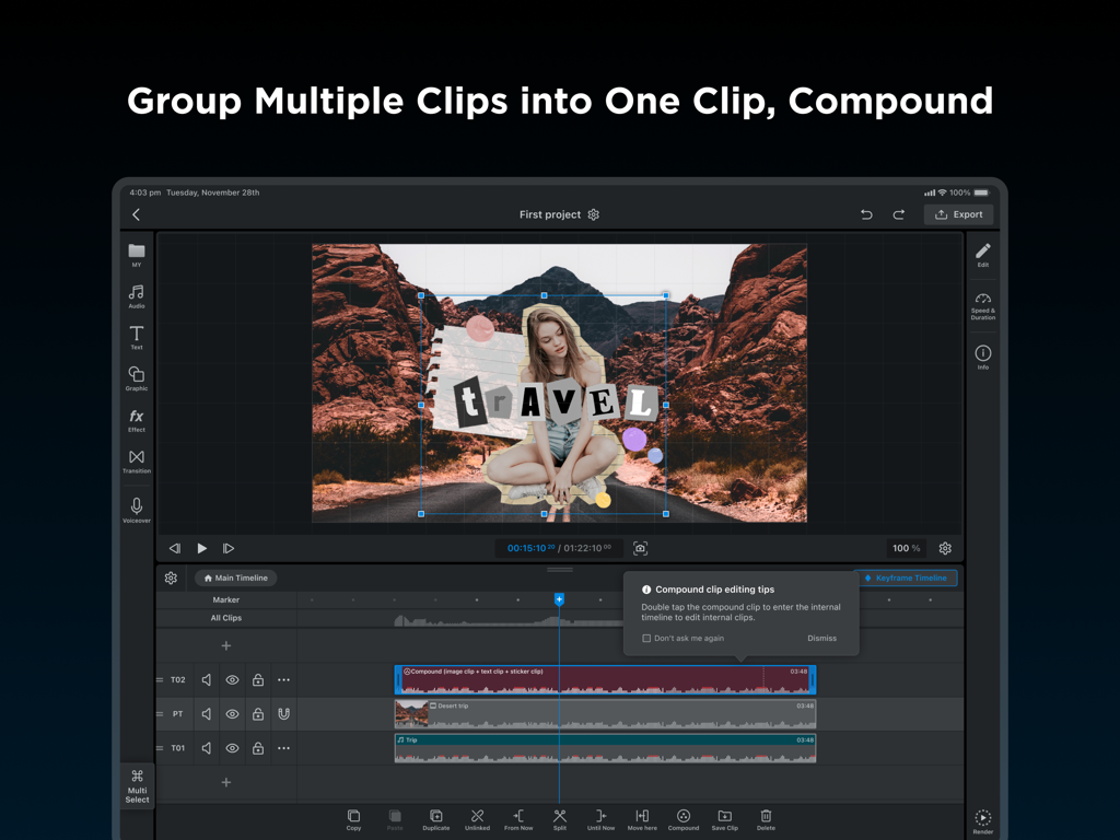 Interface profissional de edição de vídeo para iPad no WEILO mostrando o recurso de clipes compostos na linha do tempo