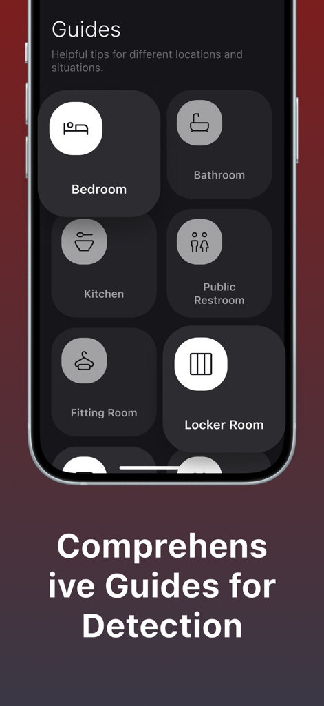IR Pro Scan: Camera Detector - Un menu de guides de détection pour divers endroits, y compris les chambres à coucher, les salles de bain et les toilettes publiques
