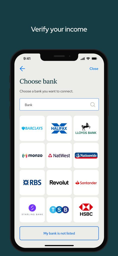 Thirdfort - Interfaccia dell'app Thirdfort per la selezione della banca per verificare il reddito