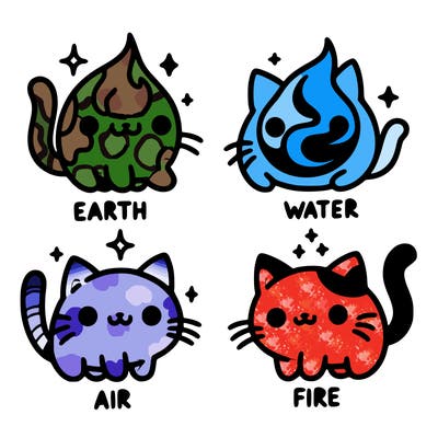 4 cats that represent the different elements, earth, water, air, and fire