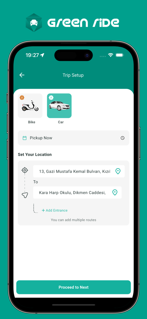 Green Ride – Taxi & Delivery - Interface de l'application Green Ride montrant l'écran de configuration du trajet avec les options vélo et voiture