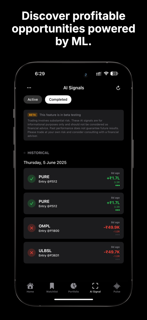 Nepsense mobile app AI Signals screen showing historical stock market trading opportunities powered by machine learning