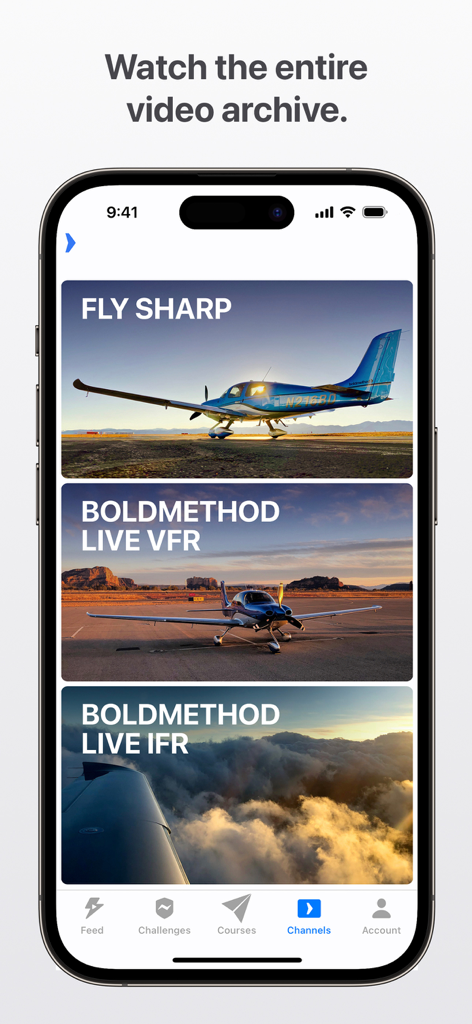 Boldmethod - Boldmethod app interface showing aviation training video channels for VFR and IFR flight training.