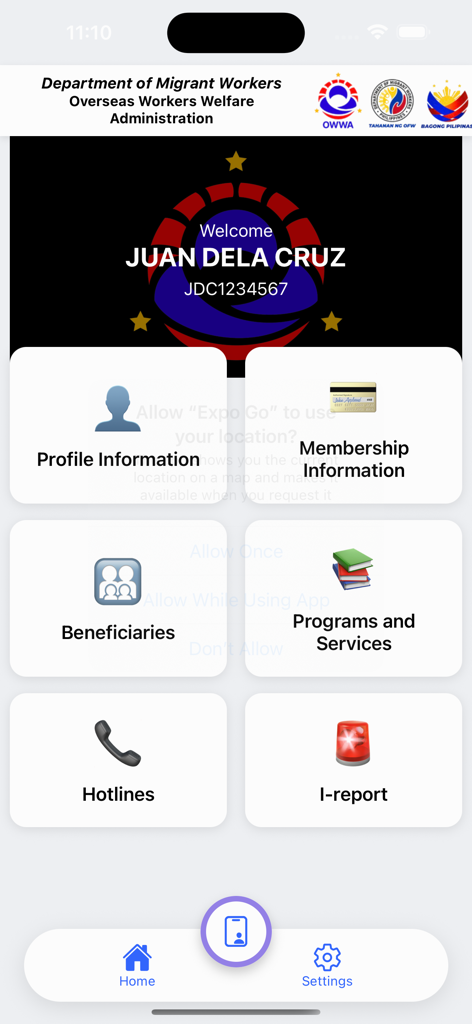 OWWA Mobile App - OWWA Mobile App dashboard showing member services including profile and membership information