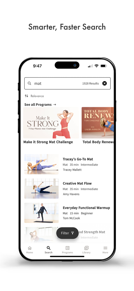 Pilates Anytime | Workouts - Pilates Anytime app search screen showing various mat workout results.