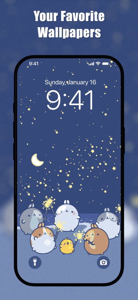 Pusheen Cat Wallpapers 4K - Adorable Pusheen cat characters holding sparklers under a starry night sky on an iPhone lock screen