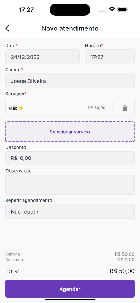 Pantalla de nueva cita en la aplicación Salão 365 con detalles del cliente y precios de los servicios