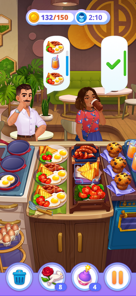 Royal Cooking - Gameplay-Screenshot von Royal Cooking, der eine Frühstücksküche zeigt, die Eier und Toast an Kunden serviert.
