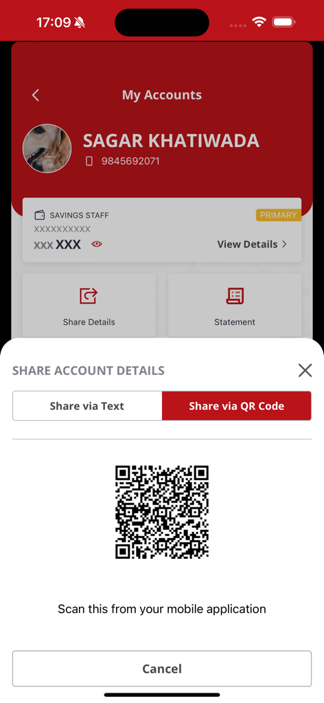 Compartilhar detalhes da conta usando um código QR no aplicativo EBL Mobile Banking