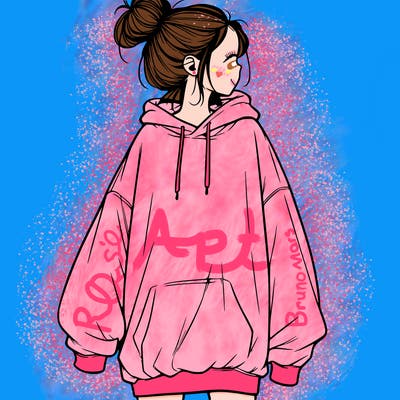 realistic girl with a oversized sweatshirt on and a bun