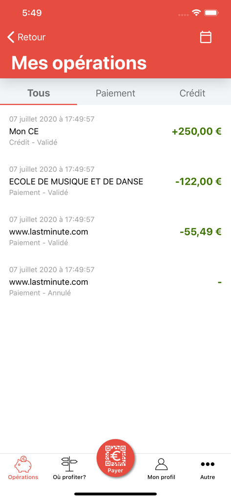Chèque-Vacances - Mobile app screen showing a list of recent credits and payments for French vacation vouchers