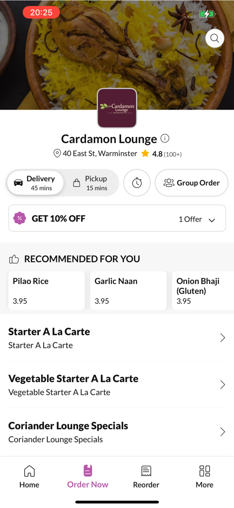 Cardamon Lounge - Cardamon Lounge mobile app interface showing menu categories, food recommendations like Pilao Rice, and delivery options.