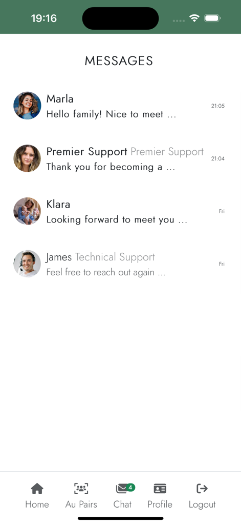 Premier Au Pair - Premier Au Pair app messaging screen showing a list of chat conversations with host families and support team