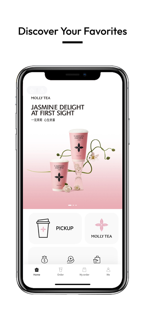 Molly Tea - Pantalla de inicio de la app Molly Tea mostrando la bebida Jasmine Delight y un botón de pedido para recoger.