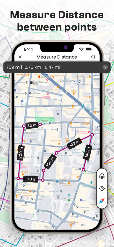 GPS Fields Area Measure on Map - Interface do aplicativo móvel exibindo distâncias medidas entre vários pinos em um mapa da cidade.