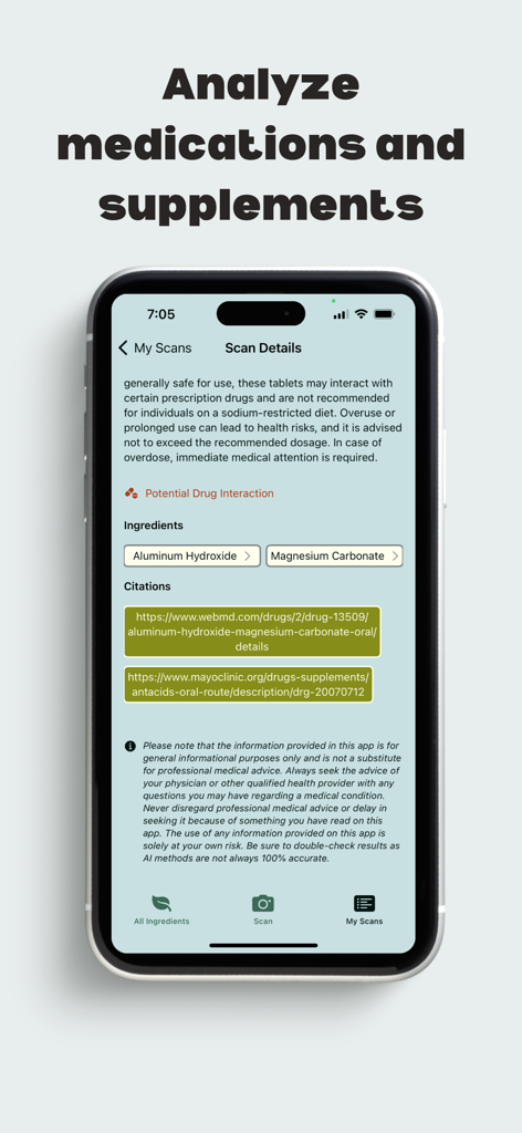 Medicine & Supplement Scanner - App interface showing medication analysis and drug interactions