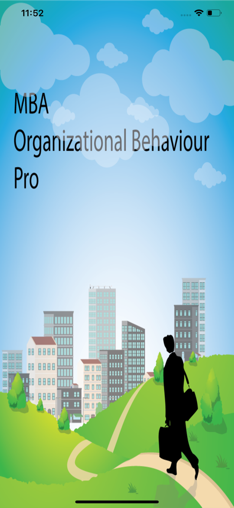 MBA Organizational Behavior - Introduction screen for the MBA Organizational Behavior Pro app featuring a businessman illustration walking towards a city