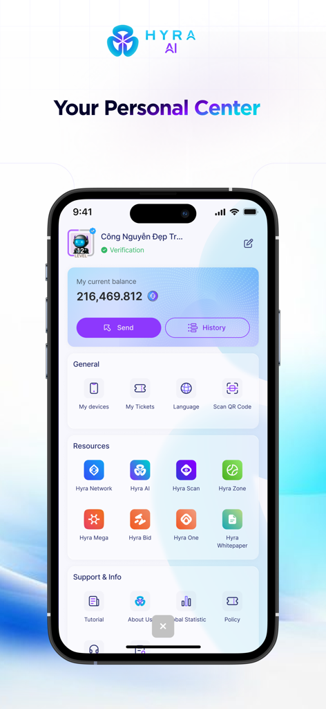 HYRA AI - AI on Edge Computing - HYRA AI mobile app dashboard showing user account balance and various features