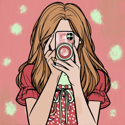 a realistic girl holding her phone taking pictures