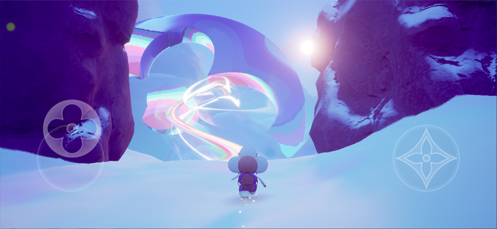 LOUIS THE GAME - Vivienne-Charakter geht durch eine verschneite Berglandschaft auf eine leuchtende bunte Struktur zu in Louis The Game