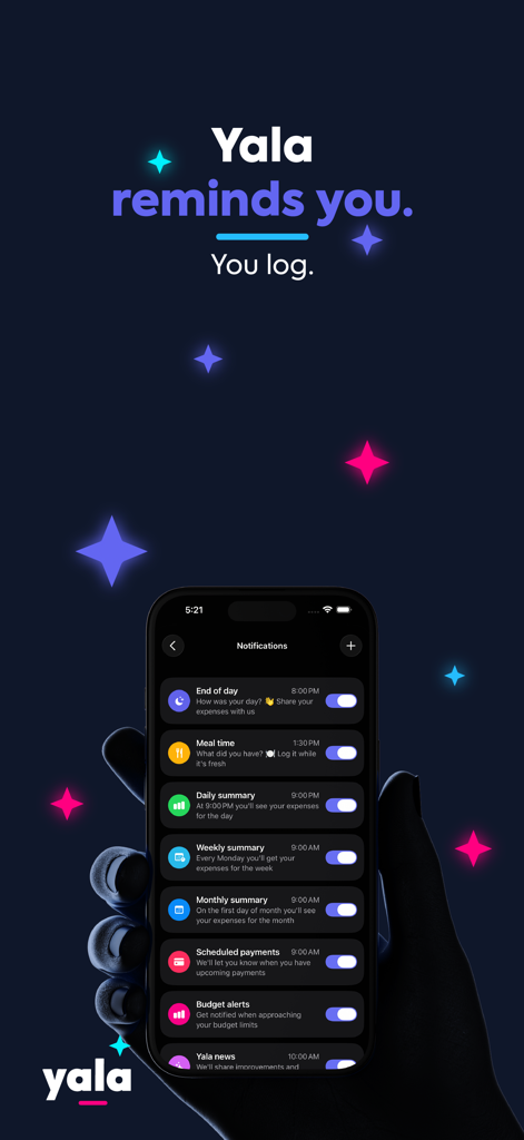 Ein Smartphone, das den Benachrichtigungsbildschirm der Yala-App mit verschiedenen Erinnerungsoptionen zur Protokollierung von Ausgaben anzeigt.