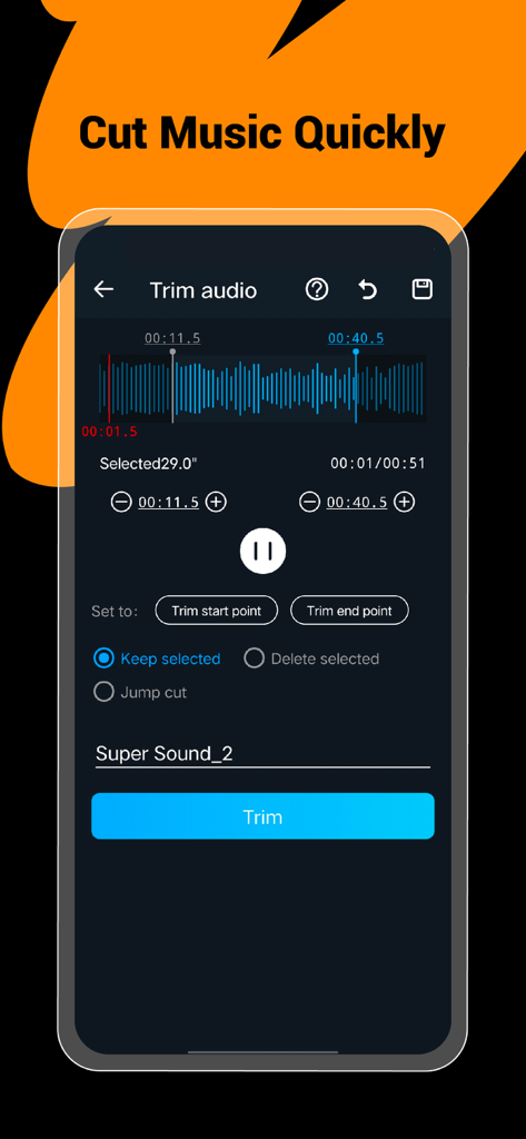 Mobile app interface of Super Sound showing audio trimming tools and a waveform visualizer.