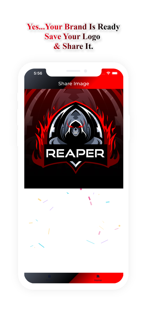 A completed esport logo featuring a reaper character ready to be shared and saved in the mobile app interface.