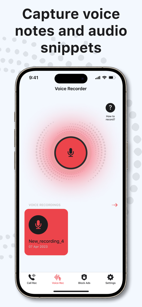 Phone Call Recorder, Recording - Interface of the Voice Recorder feature in the Phone Call Recorder app showing a record button and saved audio snippets.