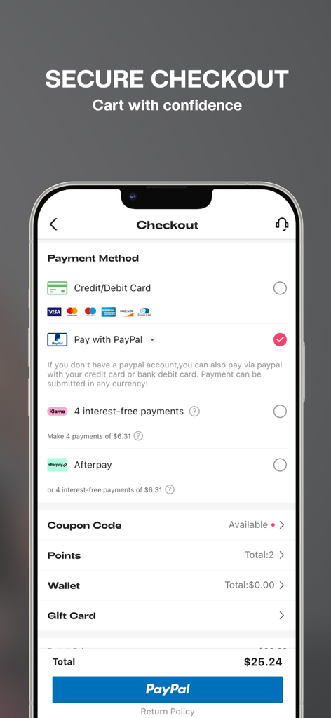 ROMWE - Ultimate Cyber Mall - Sichere Checkout-Seite in der ROMWE-App mit Zahlungsmethoden und Coupon-Optionen
