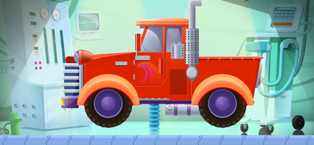 Truck Builder - Games For Kids - Red truck being assembled in a colorful workshop for kids
