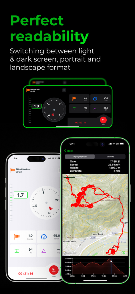 Vario One paragliding app showing light and dark screen modes in portrait and landscape formats.